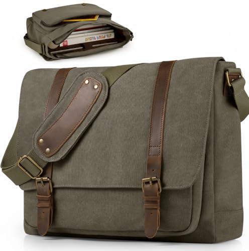 SMRITI Vintage Canvas Messenger Bag for 15.6'' Laptop Satchel Shoulder Bag | Genuine Leather Accents, Large Capacity, Computer Satchel Shoulder Bag for School Work Travel, Green - color: Green