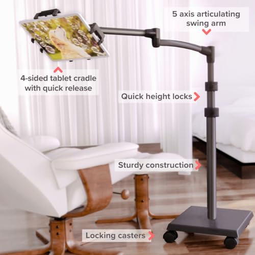 Levo G2 Deluxe Tablet Floor Stand, Rolling iPad Holder for Work & Streaming | Premium 5-axis arm reaches over chairs and beds, extra-tall 30-56 in height, locking casters, hands-free reading and play