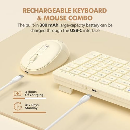 Wireless Keyboard and Mouse Combo for Desktop Mac iPad Bluetooth 2.4 Ghz Rechargeable Ultra Silent Click with Number Pad Compatible with Pc, Laptop, Tablet (Cream) - color: Cream