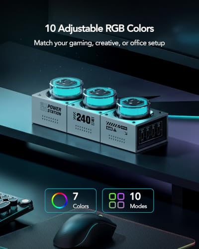MFish E-Tank 240W GaN Desktop Charging Station, 7-in-1 Desktop Power Hub | 3 AC outlets, 4 USB-C ports, 140W PD 3.1, smart power sharing, RGB lighting - color: 240W Power Strip - Gray