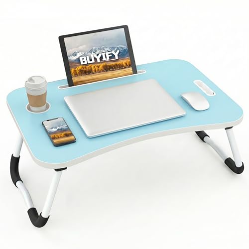 BUYIFY 23" Foldable Lap Desk for Laptop Writing w/Cup Holder Blue | Sturdy and Durable, Laptop Bed Desk with Tablet Slot, No Assembly, Space Saving for Bed Couch Dorm WFH Students - color: Blue