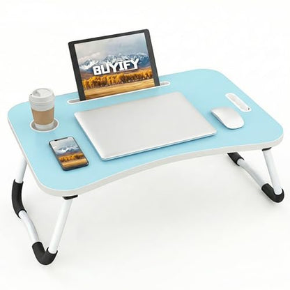 BUYIFY 23" Foldable Lap Desk for Laptop Writing w/Cup Holder Blue | Sturdy and Durable, Laptop Bed Desk with Tablet Slot, No Assembly, Space Saving for Bed Couch Dorm WFH Students - color: Blue