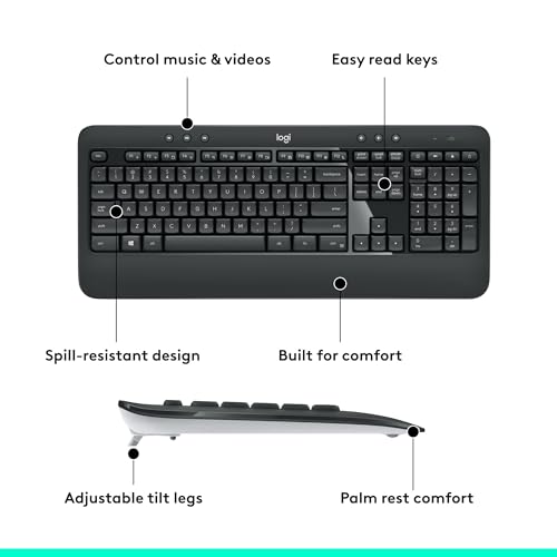 Logitech MK540 Full Size Advanced Wireless Keyboard and Mouse Combo | Full size quiet keyboard with number pad & integrated palm rest, full size ambidextrous mouse, includes USB-A Nano Receiver