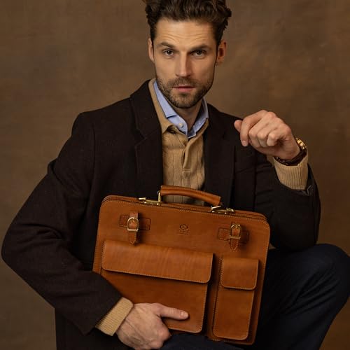 Time Resistance Leather Briefcase - Classy Bag for Men - Business and Vintage Briefcase Made in Italy - color: Cognac
