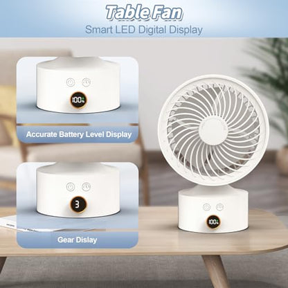 Desk Fan Small Oscillating for Bedroom, 9 Inch Quiet Desk Fan Air Circulator with 3 Speeds, 4H Timer, Rechargeable Desk Fan for Office/Dorm/Room-White
