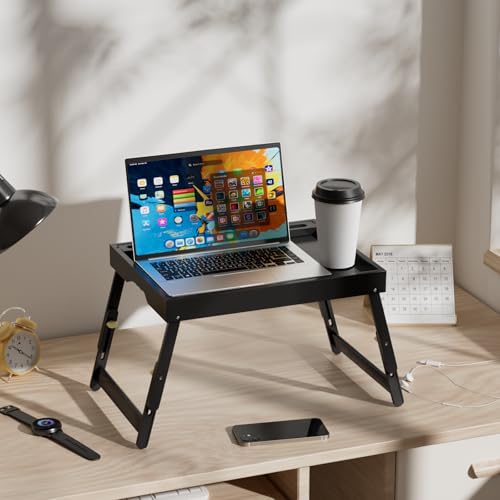 Artmeer Adjustable Bamboo Bed Tray Table with Device Slot, Large, Black | Adjustable FSC-certified bamboo bed tray with device slot, folding legs and handles for meals, laptops and reading in bed. - color: Black, size: Large Adjustable