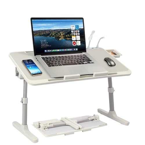 Adjustable Lap Desk with USB Fan & LED Light, Height & Angle Adjustable Laptop Bed Tray Table, Foldable Laptop Stand for Bed, Couch, Sofa & Floor,Gray - color: Gray