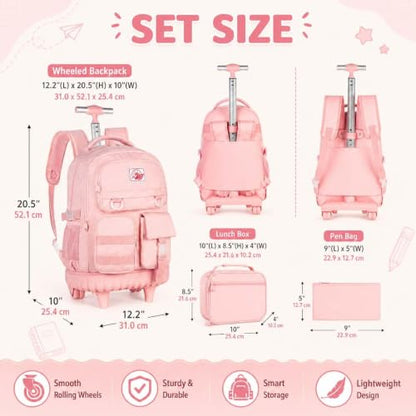 CCJPX Rolling Backpack for Girls Women, 21 inch Roller Wheels School Bookbag, Wheeled Suitcase Backpacks with Lunch Bag for Teen - Pink - color: Pink