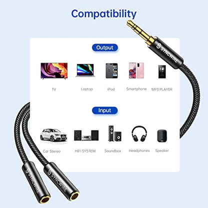 Headphone Splitter, Syncwire Nylon-Braided 3.5mm Extension Cable Audio Stereo Y Splitter (Hi-Fi Sound), Male to 2 Ports Female Headset Splitter for Apple, Samsung, Tablets & More (No Mic) - color: Black
