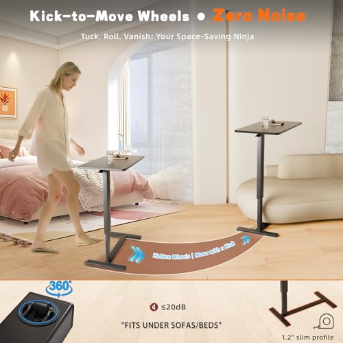 Adjustable Overbed Table with Wheels, Medical Bedside Table, Black | Alloy steel frame, 31.1"x15.3" walnut top, hydraulic 25.6-37.1", 50lb cap, C-base fits under bed, easy-clean, quiet casters - color: Black