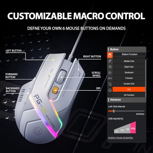 INPHIC PG1 Wired Computer Gaming Mouse Ergonomic, 12800 DPI High-Precision, 6 Programmable Buttons, RGB Backlit for Gaming - White Gray - color: White