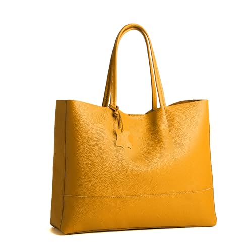 Italian Leather Tote Bag for Women - Large Shoulder Shopper, Fits 16” Laptop, Keychain Holder, Made in Italy - color: Yellow