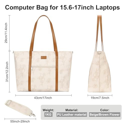 Laptop Bag for Women 17 Inch, Leather Laptop Tote Bag Waterproof Computer Bag Office Work Bag Business Briefcase with Compartment&Shoulder Straps (A3-Beige/Brown Flower, 17.3 inch) - color: A3-beige/Brown Flower