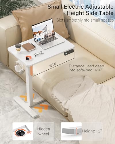 FiCiHi Electric Overbed Table, Adjustable Height Bedside Desk with Hidden Wheels, Rolling Sit-Stand Laptop Table for Bed, Couch, Sofa, Home Office & Hospital Use, (24" x 16", White) - color: White, size: 24 x 16"