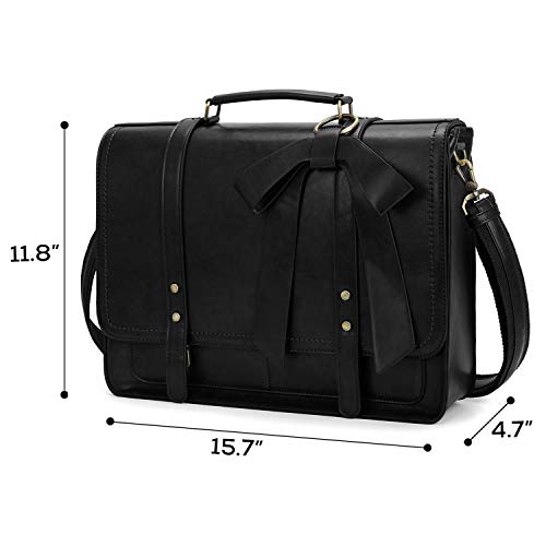 ECOSUSI Laptop Briefcase for Women Leather 15.6 inch | Large capacity shoulder bag, PU leather for college and daily work - color: Black