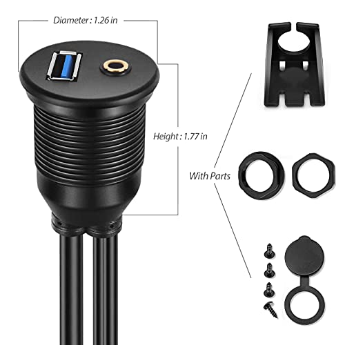 1M 3ft 3.5mm & USB 3.0 AUX Extension Mount Flush Cable | Dash & Panel Mount, For Car, For Boat, For Motorcycle - size: 3 feet