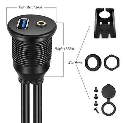 1M 3ft 3.5mm & USB 3.0 AUX Extension Mount Flush Cable | Dash & Panel Mount, For Car, For Boat, For Motorcycle - size: 3 feet