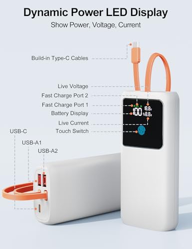Portable Laptop Charger 24000mAh 65W w/USB C Built-in Cable White | 65W Fast charging, LED display, Charge 4 devices at once, Pass through, TSA approved, Compatible with Macbook/Notebook/iPhone - color: White