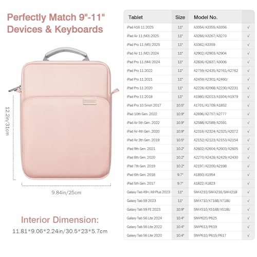 MoKo 9-11 Inch Tablet Sleeve Bag Handle Carrying Case with Shoulder Strap | Fits iPad Pro 11-inch M4, iPad Air 11-inch M2, iPad 10th 10.9, iPad 9/8/7th 10.2 and Tab S8/S9 11, Pink - color: Pink, size: 9-11 inch