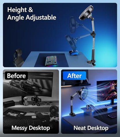 Adjustable Arm Clip On Fan for Desk, Gooseneck Clamp Fan, 3000mAh Battery | 3-Speed Quiet Desk Fan with Strong Clamp, Flexible 360° Arm Adjustment for Office, Bedroom, Dorm, Gaming Desk & Home（Black - color: Black