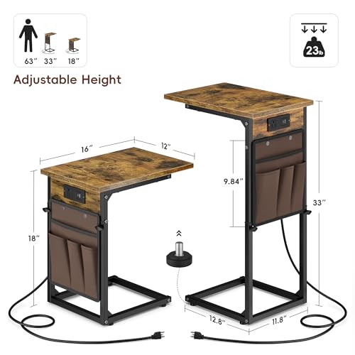 Vagusicc C-Shaped End Tables Set of 2 with Charging Station, 33'' Tall C Table Adjustable Height Side Table, Sofa Table for Couch, Couch Table that Slide Under Sofa, TV Trays for Living Room, Brown - color: 2pc Rustic Brown, style: With Plug