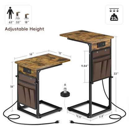 Vagusicc C-Shaped End Tables Set of 2 with Charging Station, 33'' Tall C Table Adjustable Height Side Table, Sofa Table for Couch, Couch Table that Slide Under Sofa, TV Trays for Living Room, Brown - color: 2pc Rustic Brown, style: With Plug