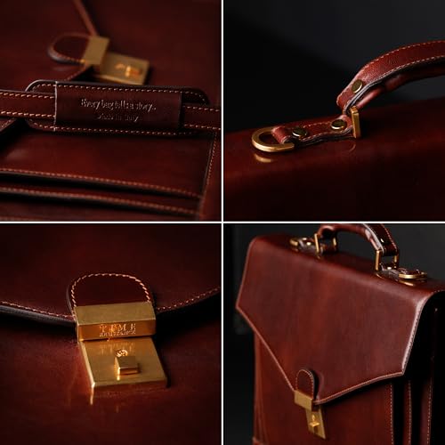 Time Resistance Leather Briefcase for Men - Business Laptop Bag - Italian Handmade Leather Bag - Attache - Gift Box Included - color: Brown