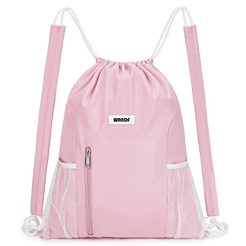 WANDF Drawstring Backpack, Gym String Bag with Shoulder Pad | Water-Resistant, Sports, Travel, Beach, Daily Carry, for Men Women - color: M, Pink, size: Medium