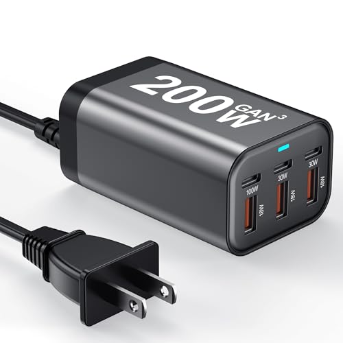 USB C Charger Block 200W Multi Port USB Fast Charging Station Hub GaN PPS PD 100W Type C Wall Charger Power Adapter for Multiple Laptop iPad iPhone 17 MacBook Galaxy S26 Android Pixel 65W 45W 30W 20W