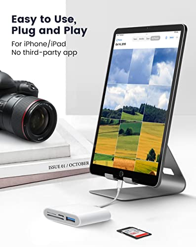 SD Card Reader for iPhone iPad, 4 in 1 Micro SD/SD Card Reader to iPhone Adapter, SD Card Viewer with TF/SD Dual Slot, Portable Camera Memory Card Reader for iPhone with Charging Port, Plug and Play - size: 4 Slots for (Lightning)