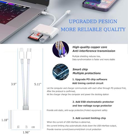 USB C SD Card Reader for iPhone, iPad, Lightning Dual Port SD Card Adapter, Memory Card Readers for Digital Camera Adapters, Support SD, Micro SD, USB3.0, Plug and Play