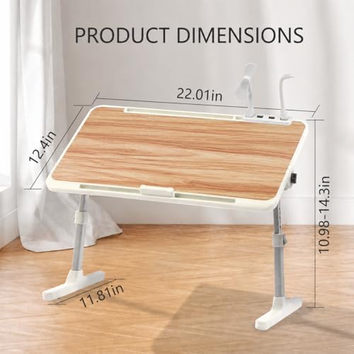 Adjustable Lap Desk with USB Fan & LED Light, Height & Angle Adjustable Laptop Bed Tray Table, Foldable Laptop Stand for Bed, Couch, Sofa & Floor, Walnut - color: Walnut