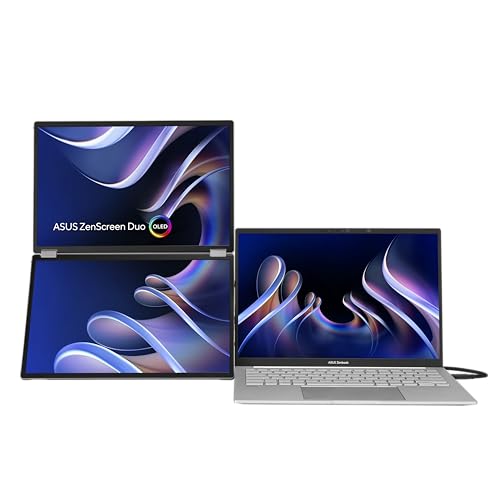 ASUS ZenScreen Duo OLED 360° Foldable Portable Monitor (MQ149CD) - Dual 14-inch, 16:10, 1920x1200, DisplayHDR400 True Black, 100% DCI-P3, Delta<2, Dual USB-C, Mini-HDMI, Kickstand, 3 yr Warranty - style: 14" Duo OLED Fodable USB-C