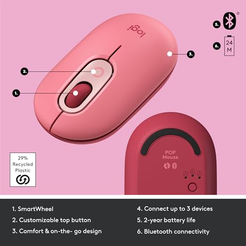 Logitech POP Mouse Compact and Portable Wireless - Heartbreaker Rose | Compact, portable, programmable buttons, quiet clicks, easy-switch up to 3 devices, for laptop, tablet, PC - color: Heartbreaker Rose
