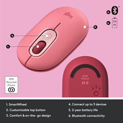Logitech POP Mouse Compact and Portable Wireless - Heartbreaker Rose | Compact, portable, programmable buttons, quiet clicks, easy-switch up to 3 devices, for laptop, tablet, PC - color: Heartbreaker Rose