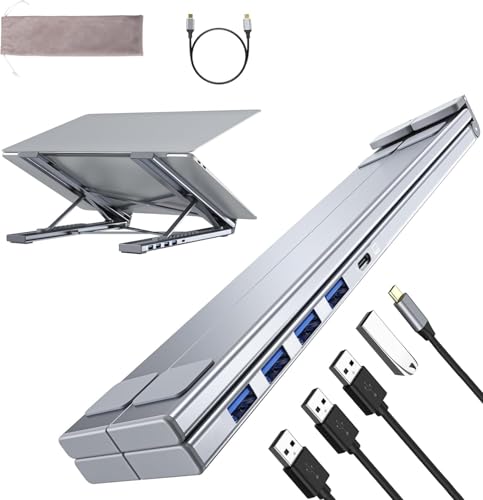 M61 USB C to USB Hub Portable Laptop Stand, Aluminum 4 Ports USB3.0 Multiport Adapter Adjustable Laptop Docking Station Stand Compatible with MacBook Pro/Air, Chromebook, Keyboard, Mouse, HDD - style: M61 5 in 1
