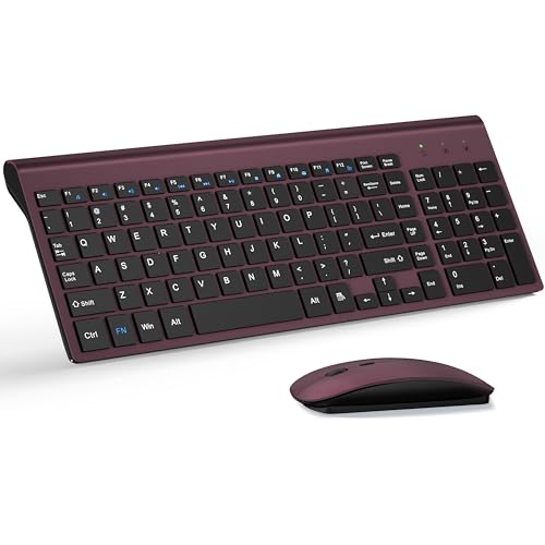 Wireless Keyboard and Mouse Ultra Slim Combo, TopMate 2.4G Silent Compact USB 2400DPI Mouse and Scissor Switch Keyboard Set with Cover, Batteries Included, for PC/Laptop/Windows/Mac - Wine Black - color: Wine Black