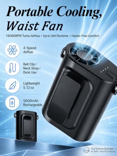 Waist Fan Portable Ultra Lightweight Design | Belt Clip on Fan for Shirt, Up to 36H Runtime, High Speed 18000RPM Strong Airflow, Neck Body Fan Camping Essentials