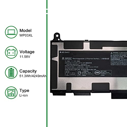 WP03XL M73466-005 Laptop Battery Replacement for Hp EliteBook 830 835 840 845 860 865 G9 G10 X360 1040 ZBook Firefly 14 G9 G10 Series Notebook HSTNN-OB2J M64304-AC1 11.58V 51.3Wh