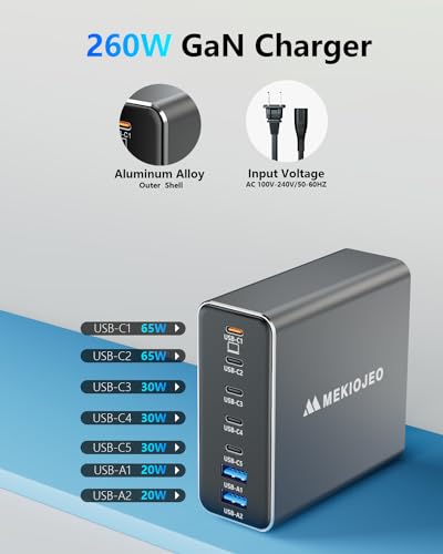 Aluminum Alloy 260W USB C Charger GaN Fast USB C Charging Station 7 Ports | 65W Laptop Charger for MacBook Pro/Air/iPad Pro/iPhone - color: Gray