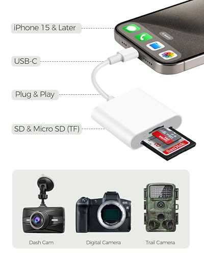 USB-C SD Card Reader for iPhone 15 16 17 Pro Max Air/iPad/Mac/MacBook, 2-in-1 Digital Camera Memory Card Adapter for SD and Micro SD Cards