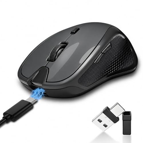 2026 Upgraded Rechargeable Bluetooth Mouse with Built-in Jiggler, USB-C Wireless Mouse for MacBook, iPad & PC, Bluetooth 5.2/3.0 & 2.4G USB-C/USB-A, Silent Ergonomic Mouse for Office Work - Gray - color: Gray