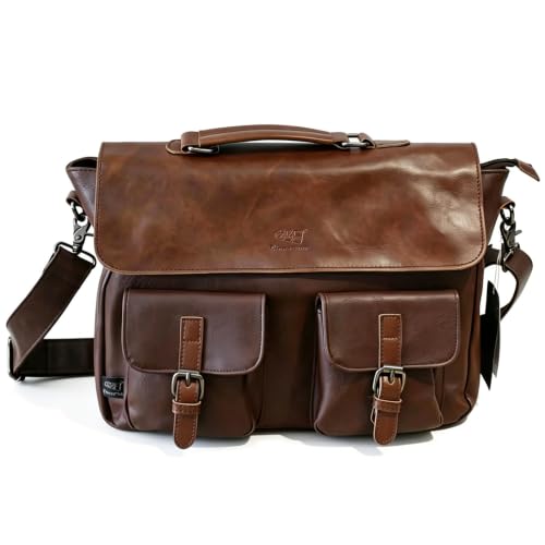 Leather Messenger Bag for Men, Leather Laptop Shoulder Satchel Bag, Vintage Briefcase for Office Travel Work - color: Coffee Brown-2 Pockets