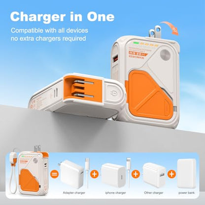 SEANCHEER P05 Portable Charger, Magnetic Power Bank, Small Wireless PowerBank, Battery Pack10000mAh Travel Essentials Fast Charging with Built in Cable, Foldable Wall Plug for iPhone,Samsung,Andriod - color: Cream Yellow