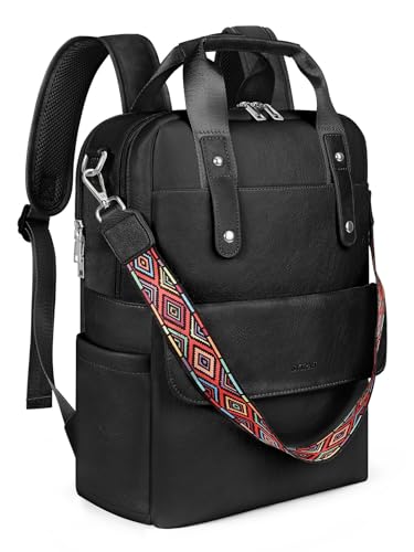 Leather Laptop Backpack 15.6 inch Womens Computer Bag Black | 3-in-1 laptop purse: Dedicated 15.6" Compartment, 7-Pocket Organizer, Colorful Shoulder Strap, Work & Travel Ready - color: Purse Black