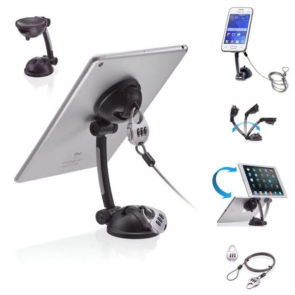 CTA Digital Strong Suction Mount Stand with Theft Deterrent Lock & Adhesive Plate and Resettable Lock Combination to Attach Tablets and Smartphones to Desks, Tables, & Walls (PAD-SMT)