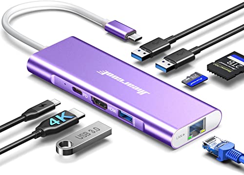 Hiearcool USB C Hub, USB-C Ethernet Dongle 4K@60Hz HDMI Multi-Port Adapter, USBC Docking Station Compatible for MacBook Dell HP Thunderbolt 3 4 Laptops-Purple - color: Purple