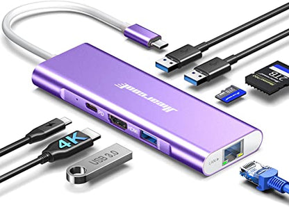 Hiearcool USB C Hub, USB-C Ethernet Dongle 4K@60Hz HDMI Multi-Port Adapter, USBC Docking Station Compatible for MacBook Dell HP Thunderbolt 3 4 Laptops-Purple - color: Purple