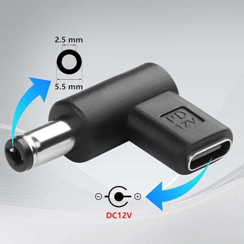 GINTOOYUN 2PCS 12V DC Power Connector Adapter 90 Degree Angle Female USB C to Male DC 5.5mm x 2.5mm Converter 12V USB Type C Input to DC5521 Output Adapter (12V)