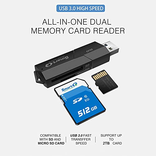 SmartQ C307 DUO SD Card Reader Portable USB 3.0 Flash Memory Card Adapter Hub for SD, Micro SD, SDXC, SDHC, MMC, Micro SDXC, Micro SDHC, UHS-I for Mac, Windows, Linux, Chrome, PC, Laptop, Switch (Duo) - size: Duo